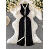 French Style Contrast Color V-neck Single-Breasted Sleeveless Dress Women Casual Knitted Stretch Waist Hugging Slimming Sheath Long Skirt