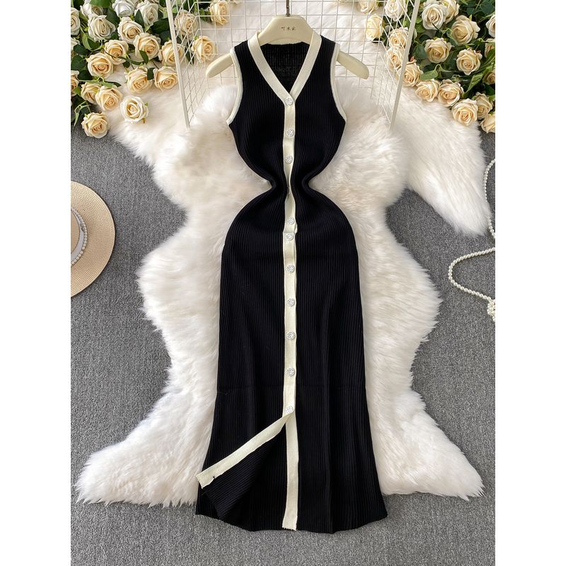 French Style Contrast Color V-neck Single-Breasted Sleeveless Dress Women Casual Knitted Stretch Waist Hugging Slimming Sheath Long Skirt