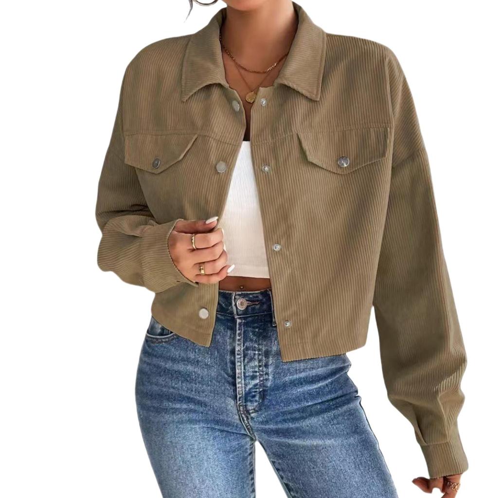 2025 Women's Autumn/Winter Slimming Corduroy Zip-up Short Polo Collar Jacket