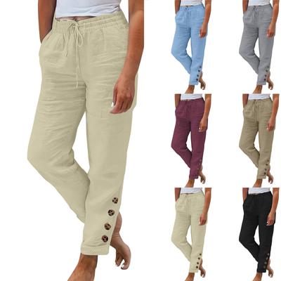 Womens Summer Elastic Waist Pocket Pocket Solid Color Cotton Linen Wide Leg Pants Loose Nine Points Pants