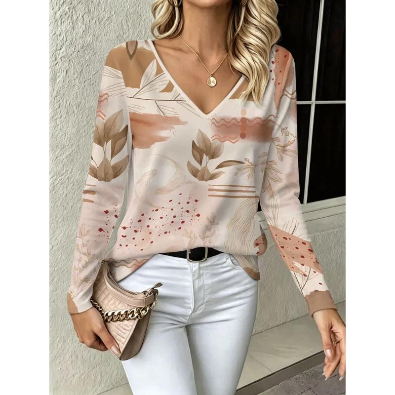 Fashion Women's V-Neck Long Sleeve 3D Floral Color Printing Casual Long Sleeve V-Neck T-Shirt