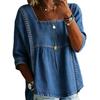 Women Denim Shirt Square Neck 3/4 Sleeve Blue Casual Top