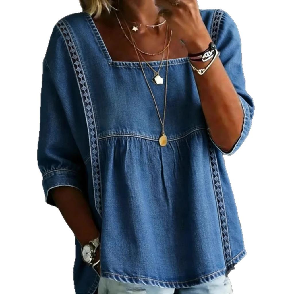 Women Denim Shirt Square Neck 3/4 Sleeve Blue Casual Top