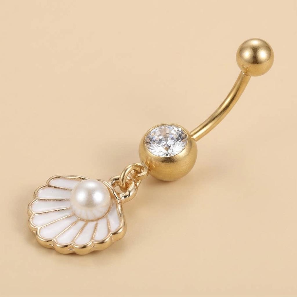 1PC Stainless Steel Simulated Pearl Shell Belly Button Ring For Women Men Bohemian Summer Sea Shell Navel Piercing Body Jewelry