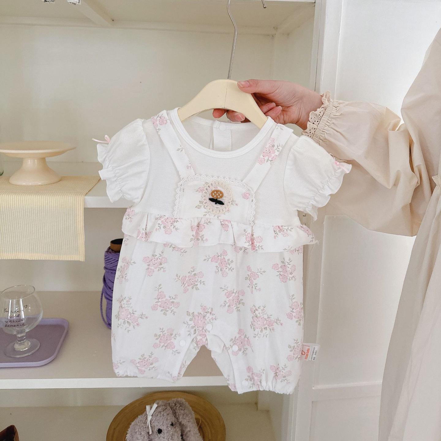 

Милый летний детский ромпер с цветочным принтом - Модный костюм для ползания для младенцев 73 cm розовый