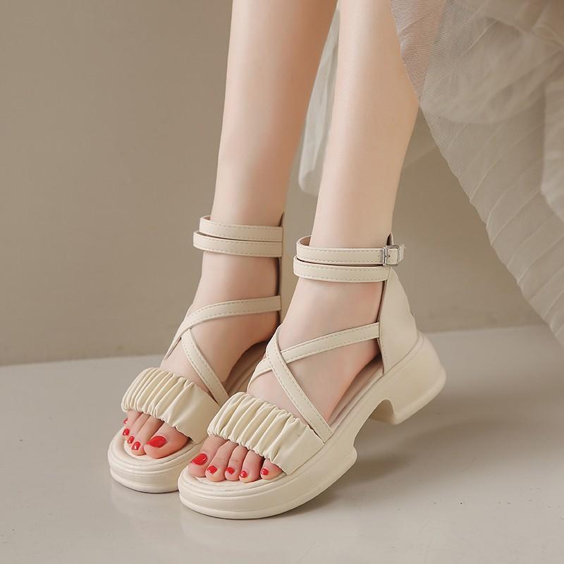 2025 Sandals All-Match Increasing Height Strappy Heels Breathable Suit Female Beige Shallow Mouth New Comf
