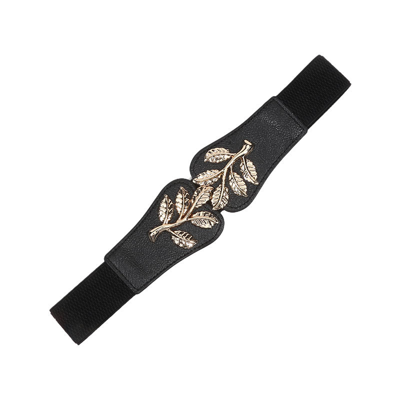 Women's Waist Belts Retro Waistband Golden Leaf Elastic Waist Closure with Double Hook Buckle Wide Belt Fashion Elegant Women Belt for Skirt