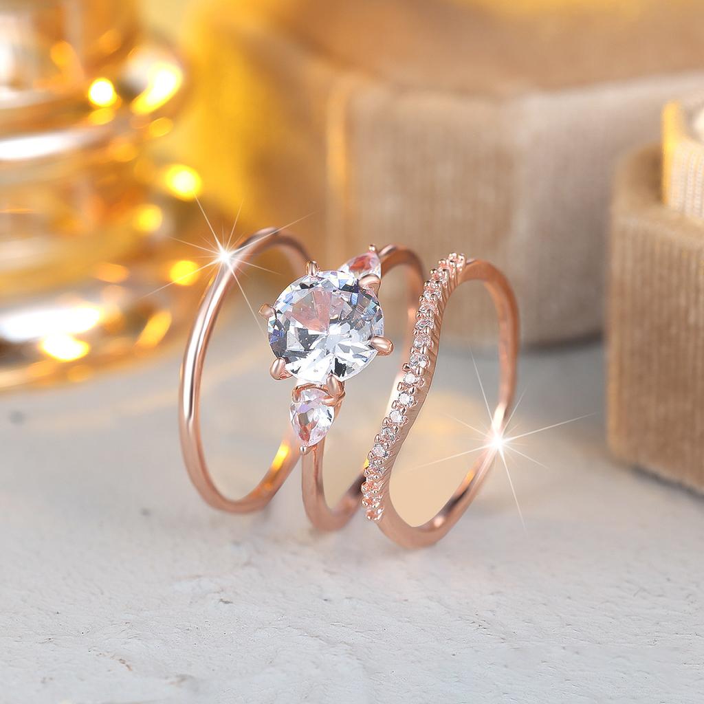 Rose Gold Three-ring Set Main Diamond Water Drop Cubic Zirconia Stackable Ring
