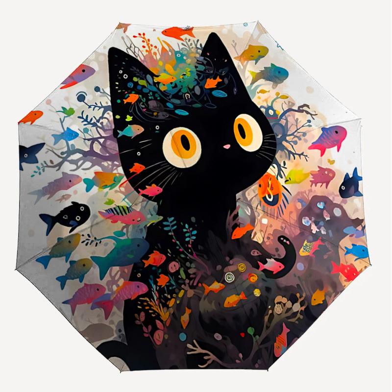 1PC cat fishAutomatic Open/Close Umbrella with Windproof, 8-Rib Sturdy Canopy, Durable Ribs, Fashionable Design, Outdoor Accessory, Fun Prin, Holiday