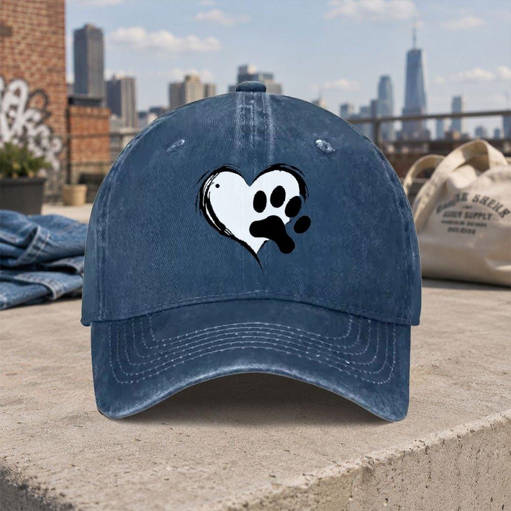 Heart Cat Paw Print Retro Washed Baseball Cap Unisex Casual Street Style Duckbill Hat Fashion Accessory