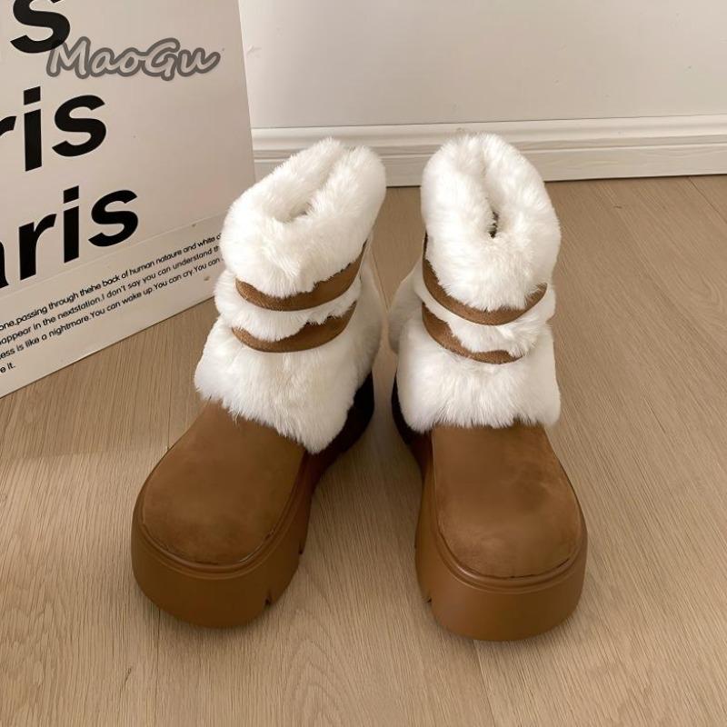 

2026 Women s Winter Snow Boots Platform Chunky Sole Short Plush Lined Warm Boots Comfort Slip on Height Increasing Casual Shoes 35 коричневый