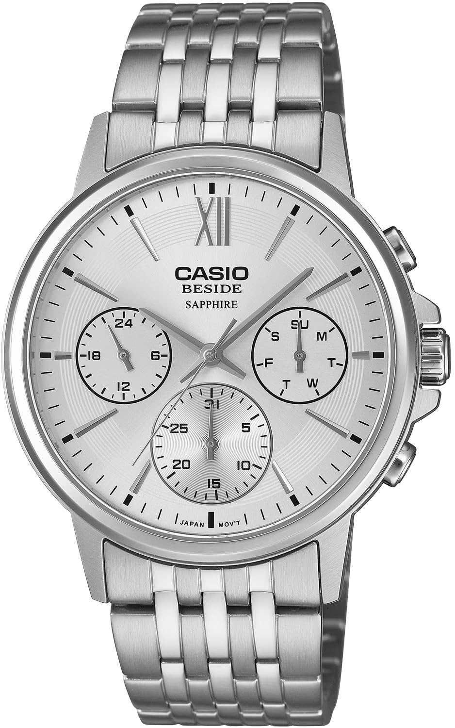 Мужские кварцевые часы Casio BESIDE BMS-300D-7AV Сапфировое стекло Стальной браслет Многоосевой 24-часовой дисплей Серебристый
