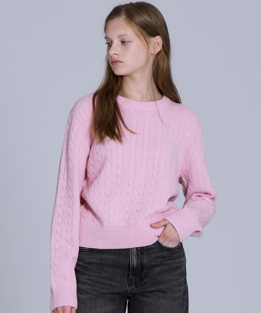 BASIC HOUSE Women'S Cable Round Neck Crop Knit Pink Lykt7201