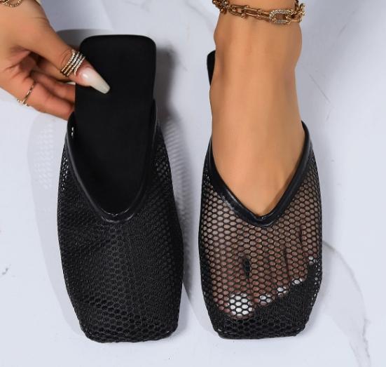 Fashion Womens Sexy Mesh Summer Slippers Indoor Home Mules Womens Flat Shoes Outdoor Clogs Beach Sandals Flip Flops