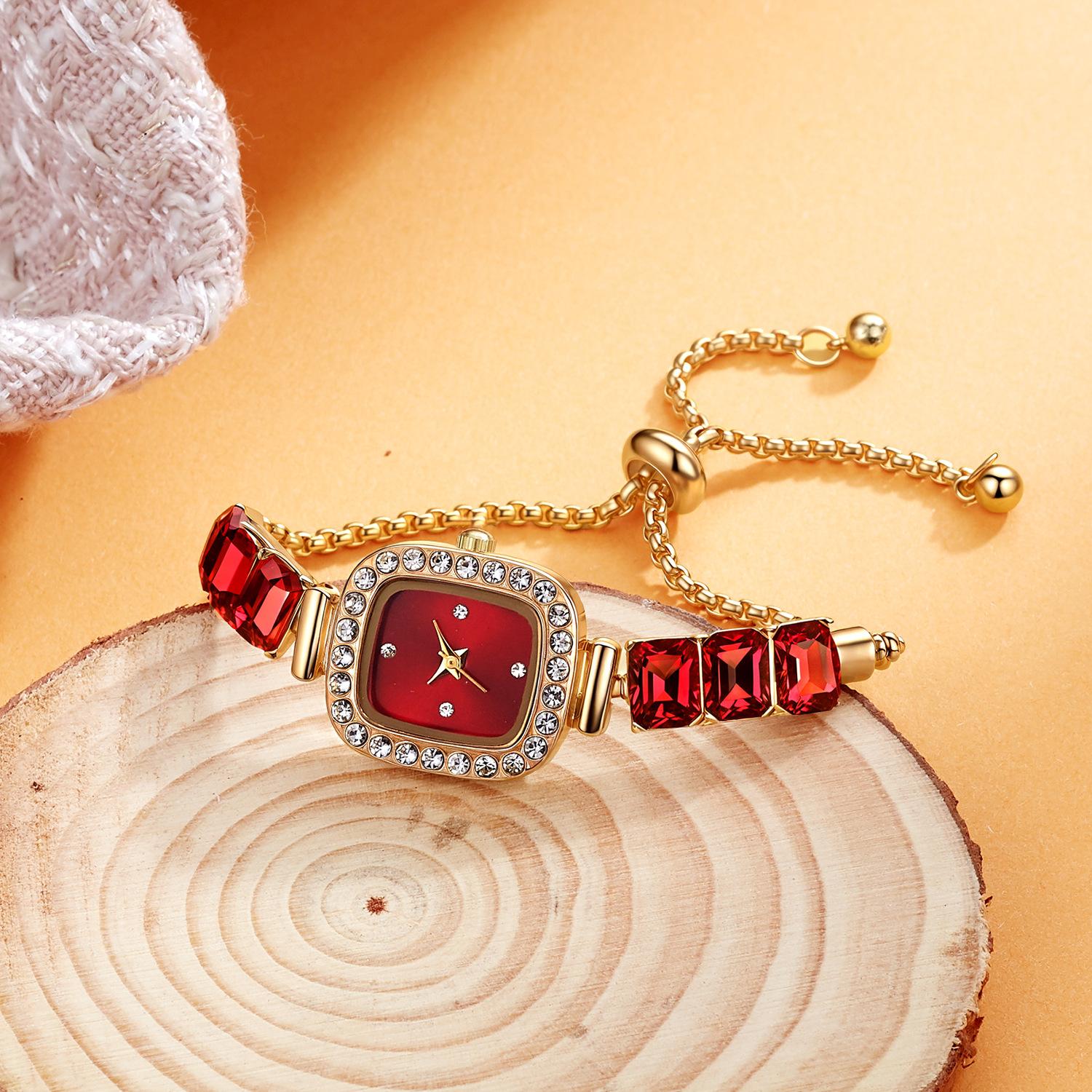 Нишевые Мини-квадратные Высококлассные Женские Часы Роскошные с Бриллиантами Ретро Колос Пшеницы Кварцевые Женские Часы красный