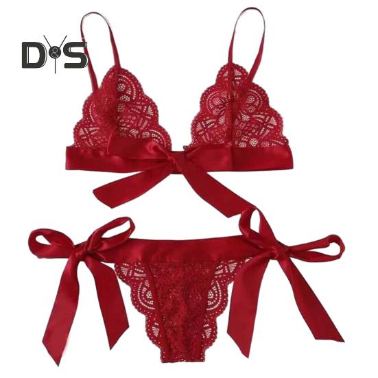 2 Pcs/Set Bra Panties Set Lace Uo Bow knot See through Lace V Neck Spaghetti Strap Three Point Pornographic Lady Underwear Suit