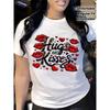 European Size Valentine'S Day T-Shirt - Hugs & Kisses Leopard Print Hearts & Lips Design with Red Lips Accent - White Casual Round Neck Tee for Women