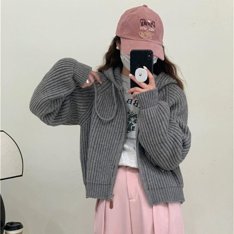 Hooded Short Knitted Cardigan Top Women's Autumn and Winter New Sweater Jacket Women's Loose Lazy Style