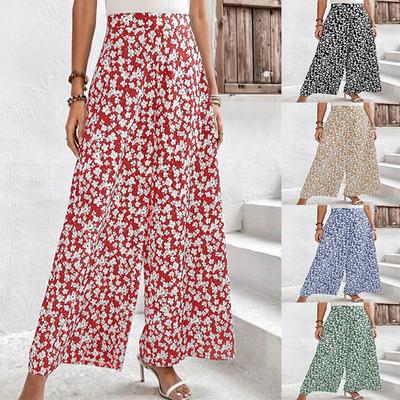 Women Summer Casual High Waist Floral Print Wide Leg Pants