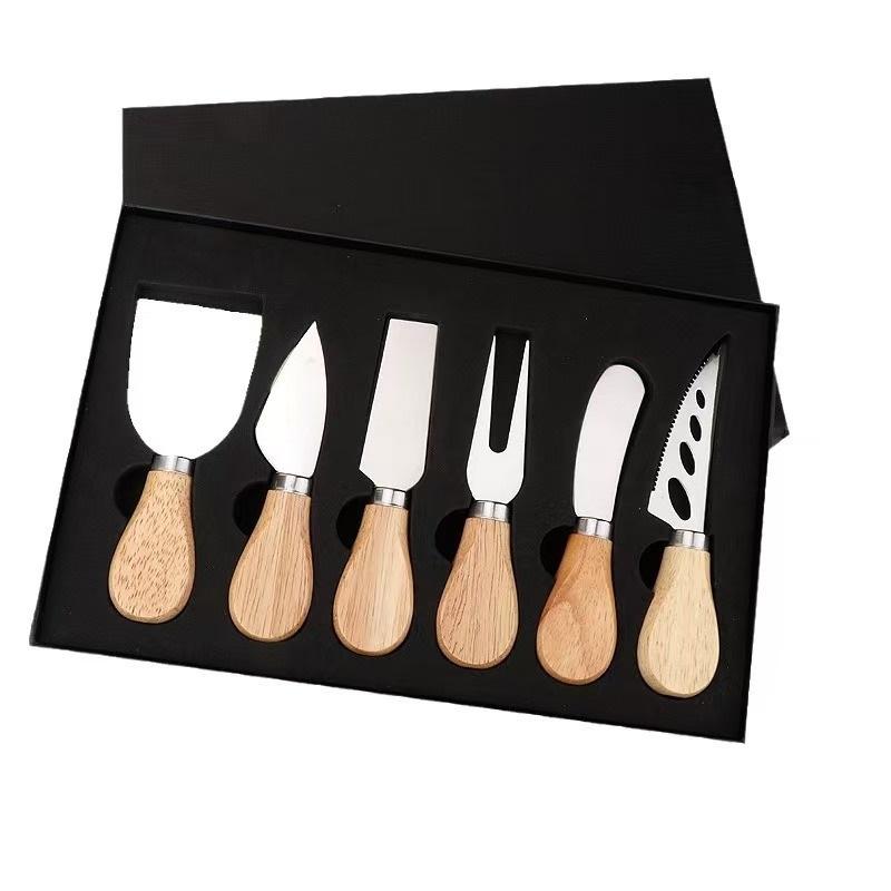 Wooden Handle Cheese Knives Set Cheese Knife Slicer Fork Scoop Cutter Useful Cooking Tools In Black Box