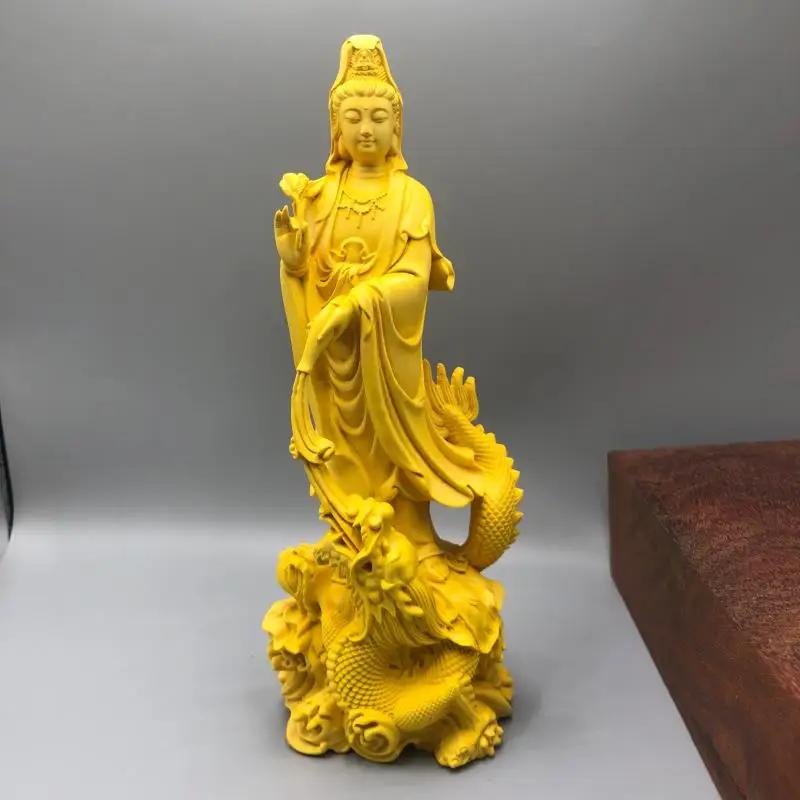 Naturholz Drache Guanyin Buddha Statue, Traditionell handgeschnitzte chinesische buddhistische Figuren Heim Wohnzimmer Feng Shui Statue