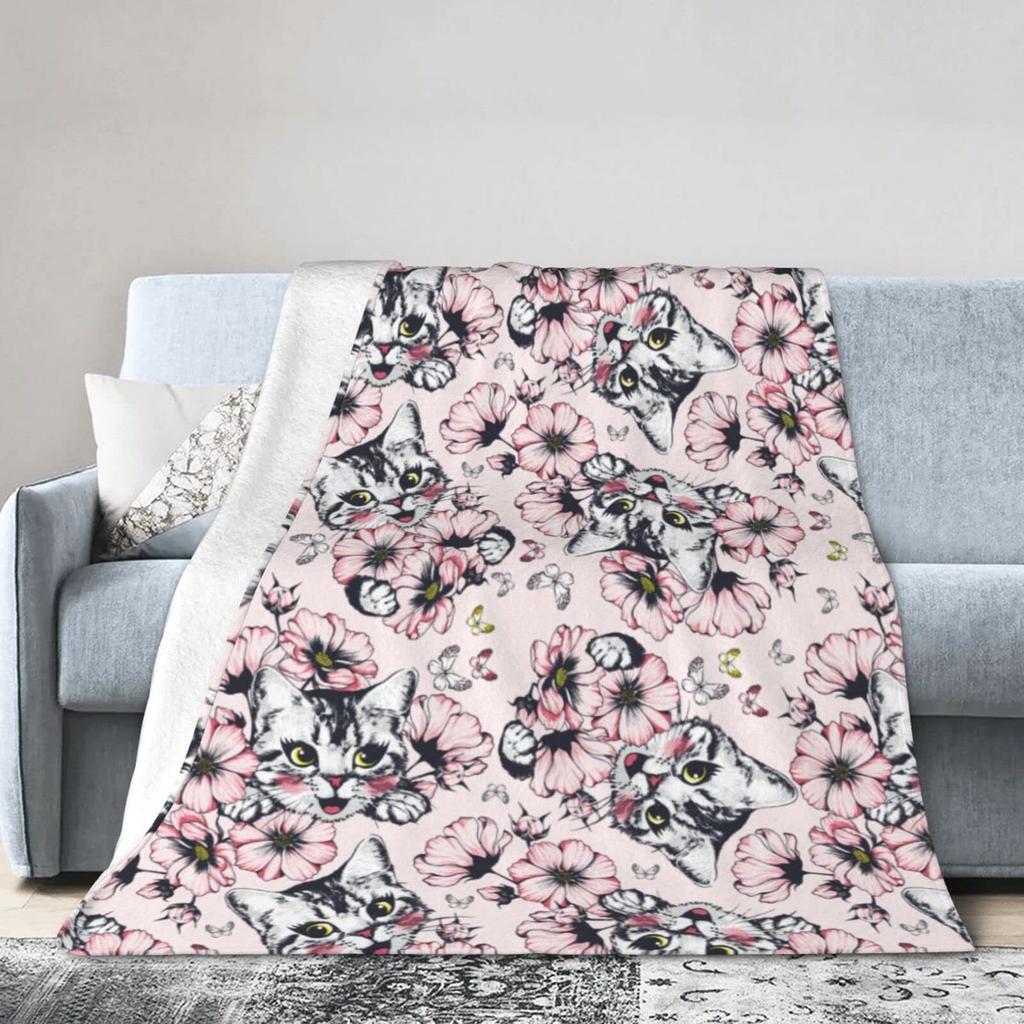 Cute Cat Flannel Blanket Multiple Sizes 2D Print Pink Face Kitty Design Soft Throw Sofa Bedroom Office Snuggle