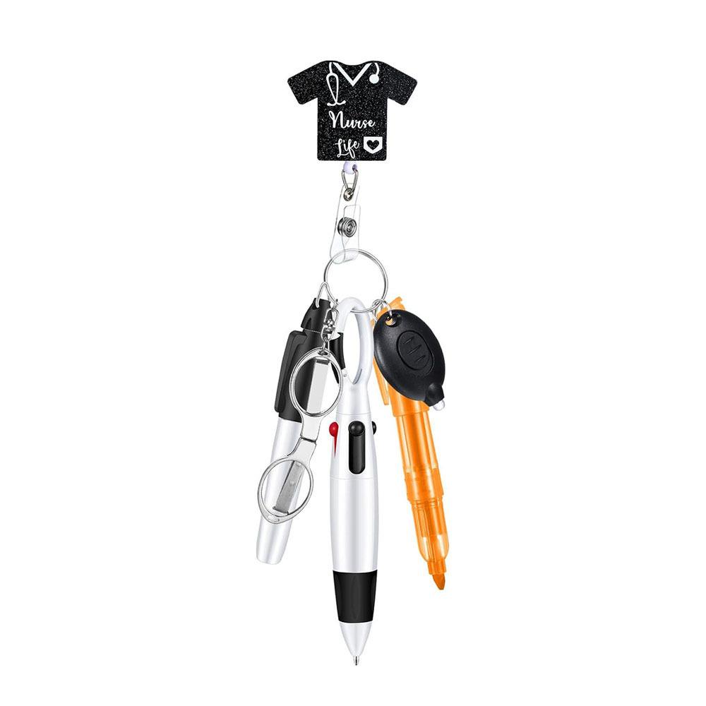 6-In-1 Multifunction Retractable Ball Pen Set Flashlight Foldable Scissors Ballpoint Pen Keychain Nurse Pens Permanent Marker