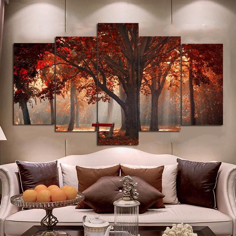 SELFLESSLY 5 Panels/Set Red Tree Autumn Landscape Pictures Canvas Painting Wall Art For Living Room Posters Scenery Home Decor