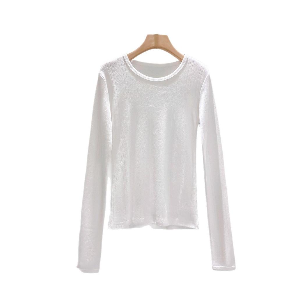 Schlankes und schmales Spice Girl Top Herbst Leicht Transparent Rundhalsausschnitt Jacquard-Struktur Langarm-T-Shirt Vorderseite Schulter Unterseite Hemd Damen