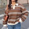 Nueva Sudadera con Capucha para Mujer de Rayas Retro en Contraste y Cuello Polo de Manga Larga