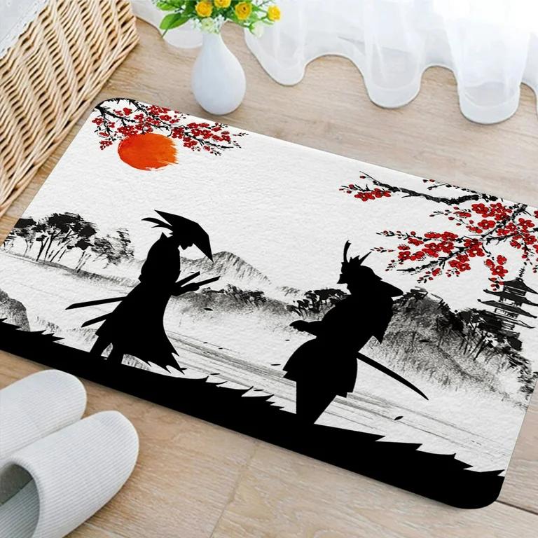 Illustrated Style Samurai Door Mat Ninja Samurai Moon Print Entrance Rug Soft Non-Slip Welcome Carpet for Asian Style Decor