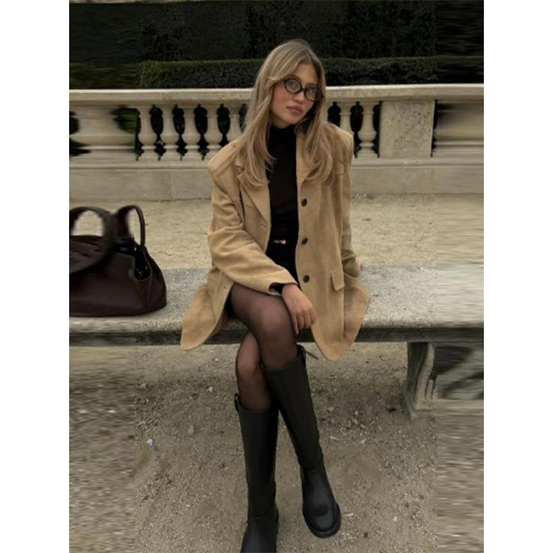 

Винтажный пиджак цвета хаки с длинным рукавом для женщин, модный однобортный свободный пиджак с отложным воротником для офиса и улицы XS хаки