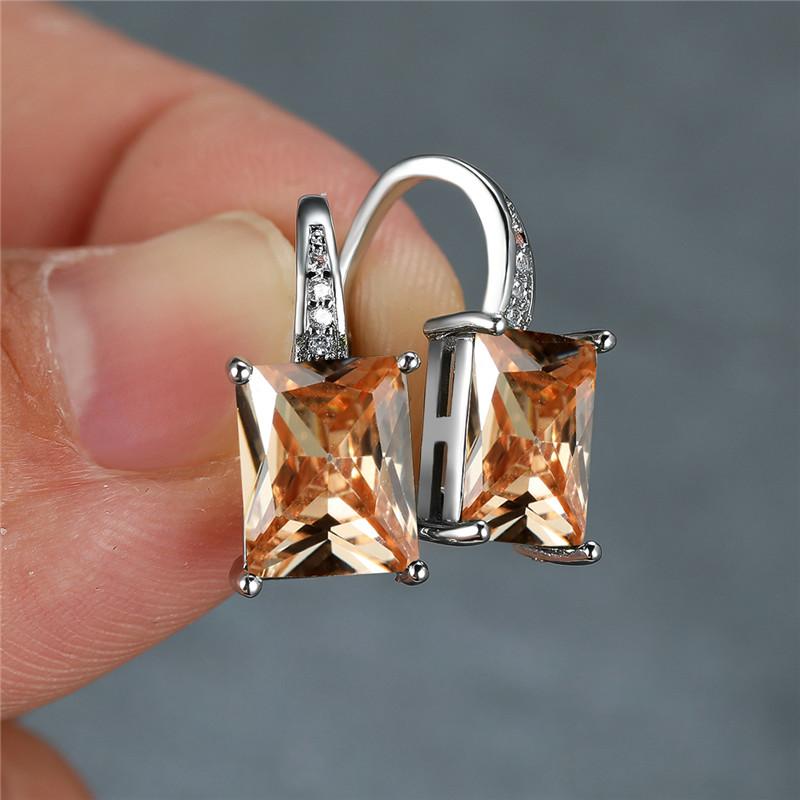 Female Luxury Crystal Zircon Square Stone Hoop Earrings Boho Silver Color Engagement Wedding  For Women Gift