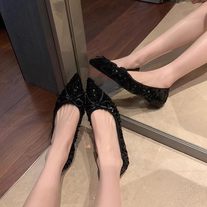 

Виноградная мать того же стиля, Парижская ночь сверкающие пайетки изысканный маленький острый носок неглубокий вырез мягкая подошва свидание бант одинарная обувь женщины 40 чёрный