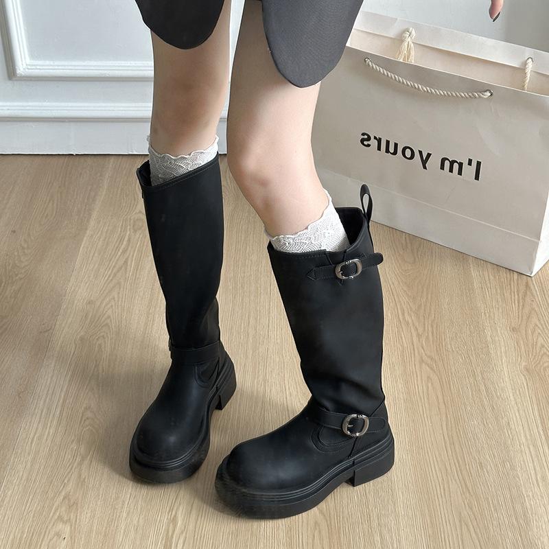 Amerikanske svarte knehøye plattformstøvletter med tykk hæl for kvinner 2025 nye vår- og høststøvletter i britisk stil tynne ridestøvletter