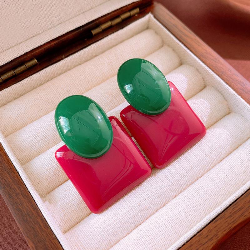 Silver Needle Ankara Red Geometric Stud Earrings Female Korean Ins Fashion Design Earrings High-end Exquisite Earrings