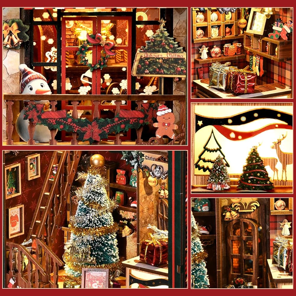 CRESYMME Miniature House Dollhouse Book Nook Kit Wooden DIY 3D Craft Christmas Decoration