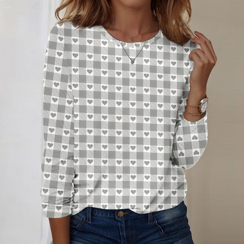 Damska codzienna bluzka z długim rękawem z nadrukiem walentynkowym i okrągłym dekoltem