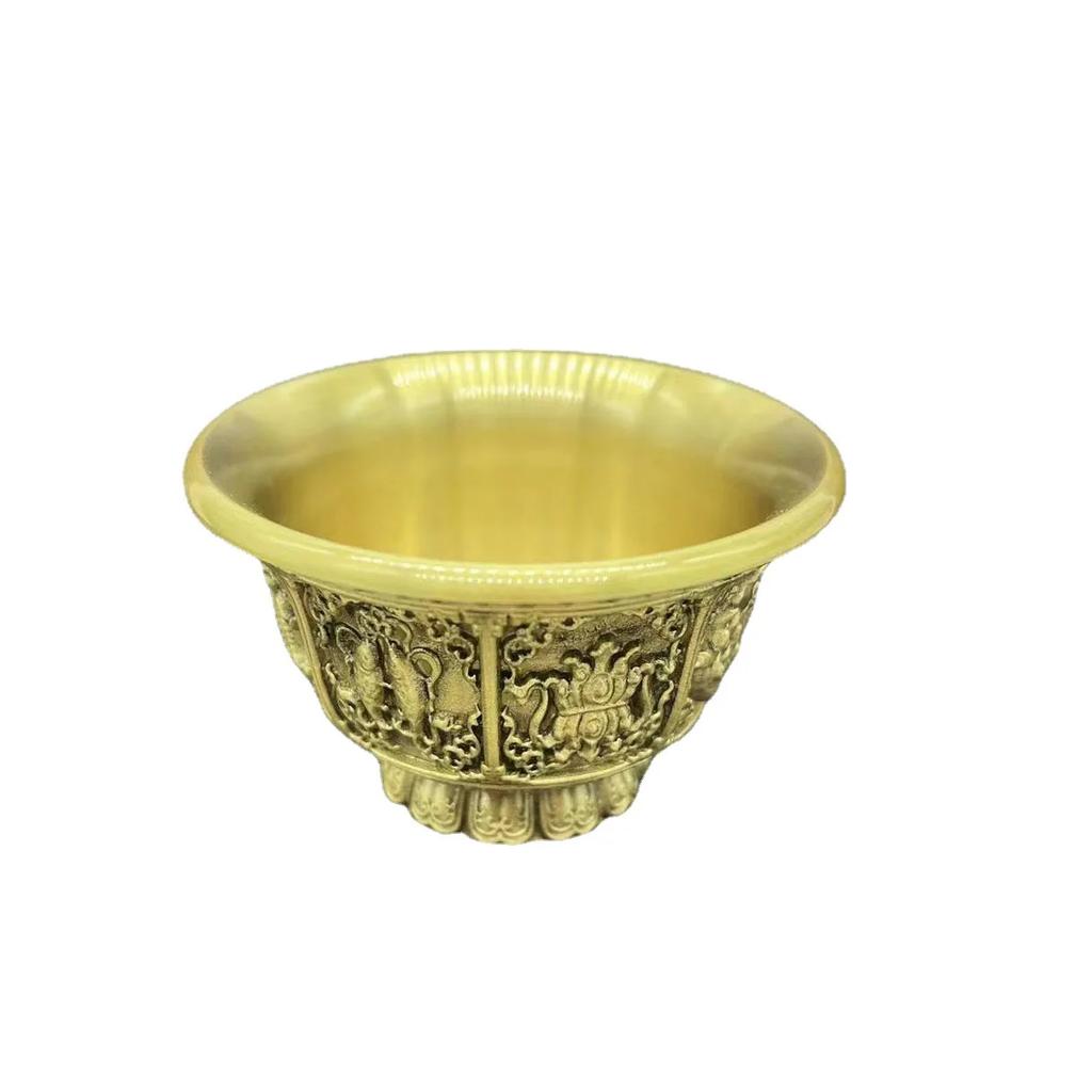Brass Vintage Water Bowl Tea Cup Wine  Auspicious Carved Desktop Craft Decoration