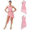 Women Lyrical Dance Leotard Dress Floral Lace Rhinestones Irregular Hem Openable Crotch One Piece Asymmetrical for Ballet Waltz Latin