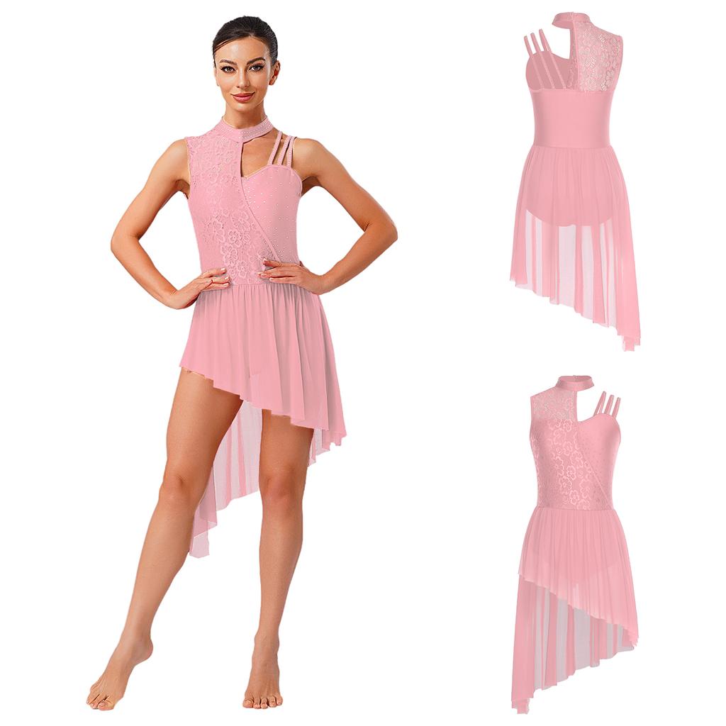 Women Lyrical Dance Leotard Dress Floral Lace Rhinestones Irregular Hem Openable Crotch One Piece Asymmetrical for Ballet Waltz Latin