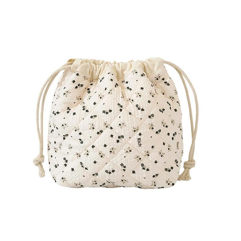 Cotton Quilted Drawstring Makeup Bag, Travel Toiletry Organizer, Cute Drawstring Gift Bag For Women & Girls