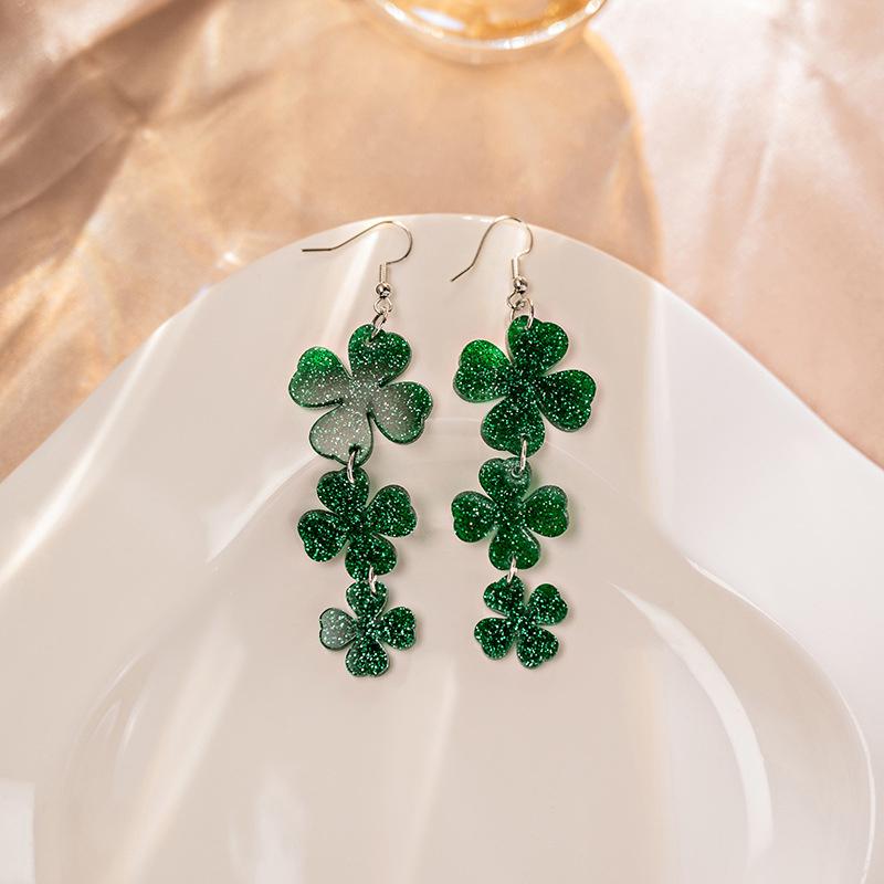 Glitter Lucky Green Shamrock Dangle Earring For Women Girls Irish Style St Patricks Day Earrings Lucky Acrylic Green Drop Earing