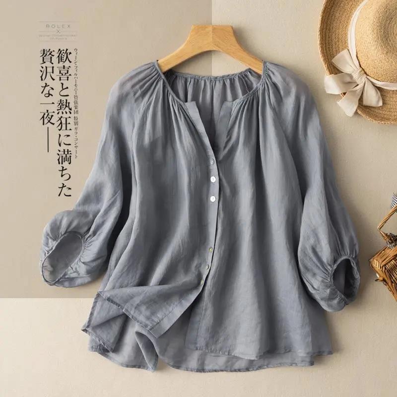 Spring Summer Lantern Sleeve Cotton and Linen Shirt Women's Literary Retro V-neck Casual Top