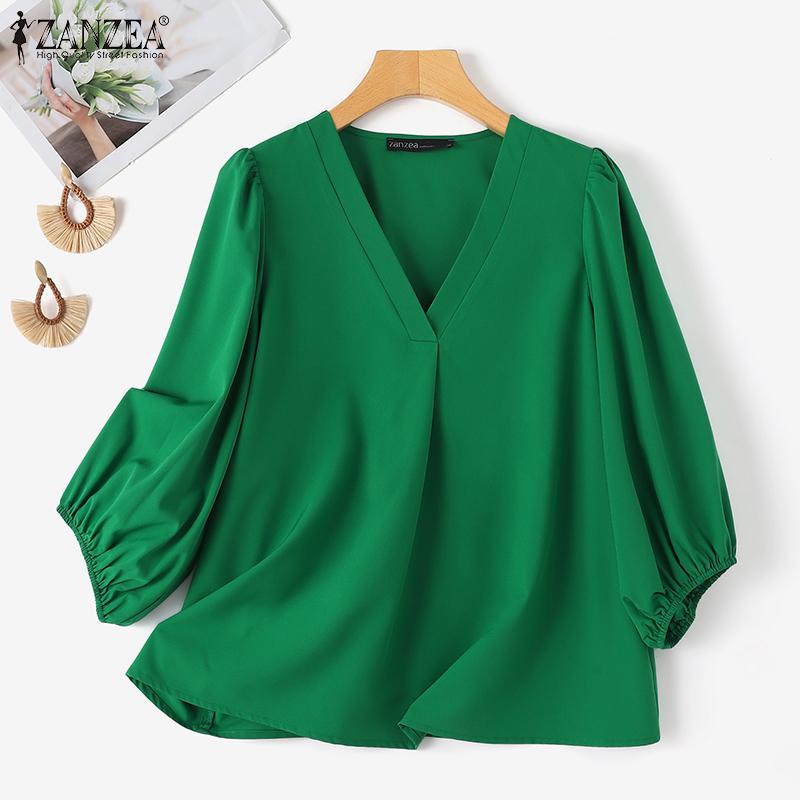 

ZANZEA Женские повседневные свободные блузки с длинными рукавами и v-образным вырезом
