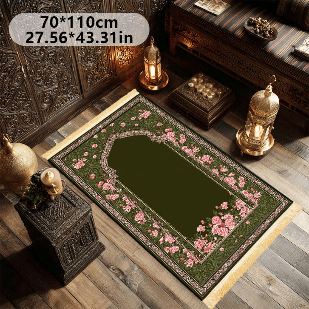 VIKAMA Arco Floreale Verde Menta Tappeto da Preghiera Islamico Poliestere Portatile Tappetino per Salah Musulmano Ramadan Vintage Decorazione per la Casa Tappeto da Preghiera