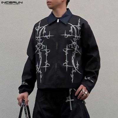 Oversized Men Lapel Neck Buttons Up Floral Print Stitching Casual Long Sleeve Shirts