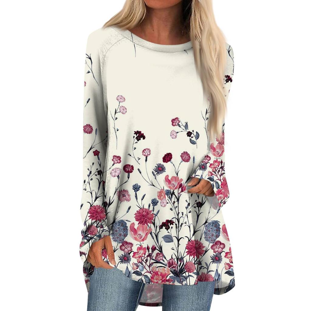 Women's Fashion Casual Long Sleeve  Print Round Neck Pullover Top Blouse