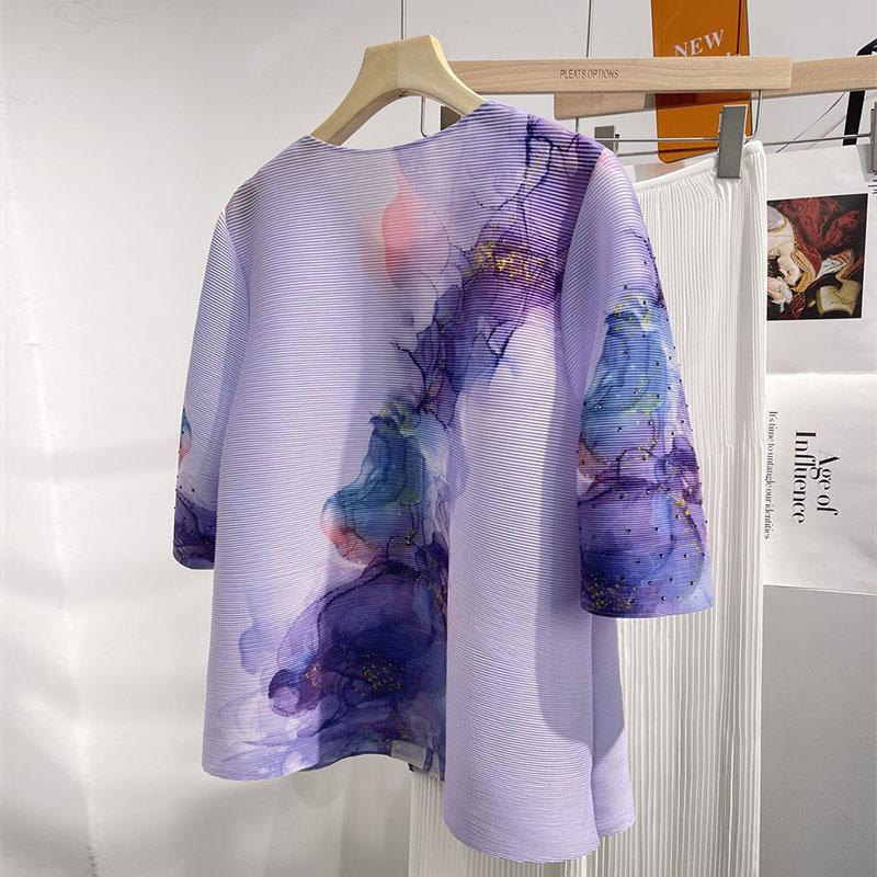 New Fashionable Printed Pleated Round Neck with a Five Quarter Sleeve Short Jacket, Elegant and Loose Fitting, Covering Flesh