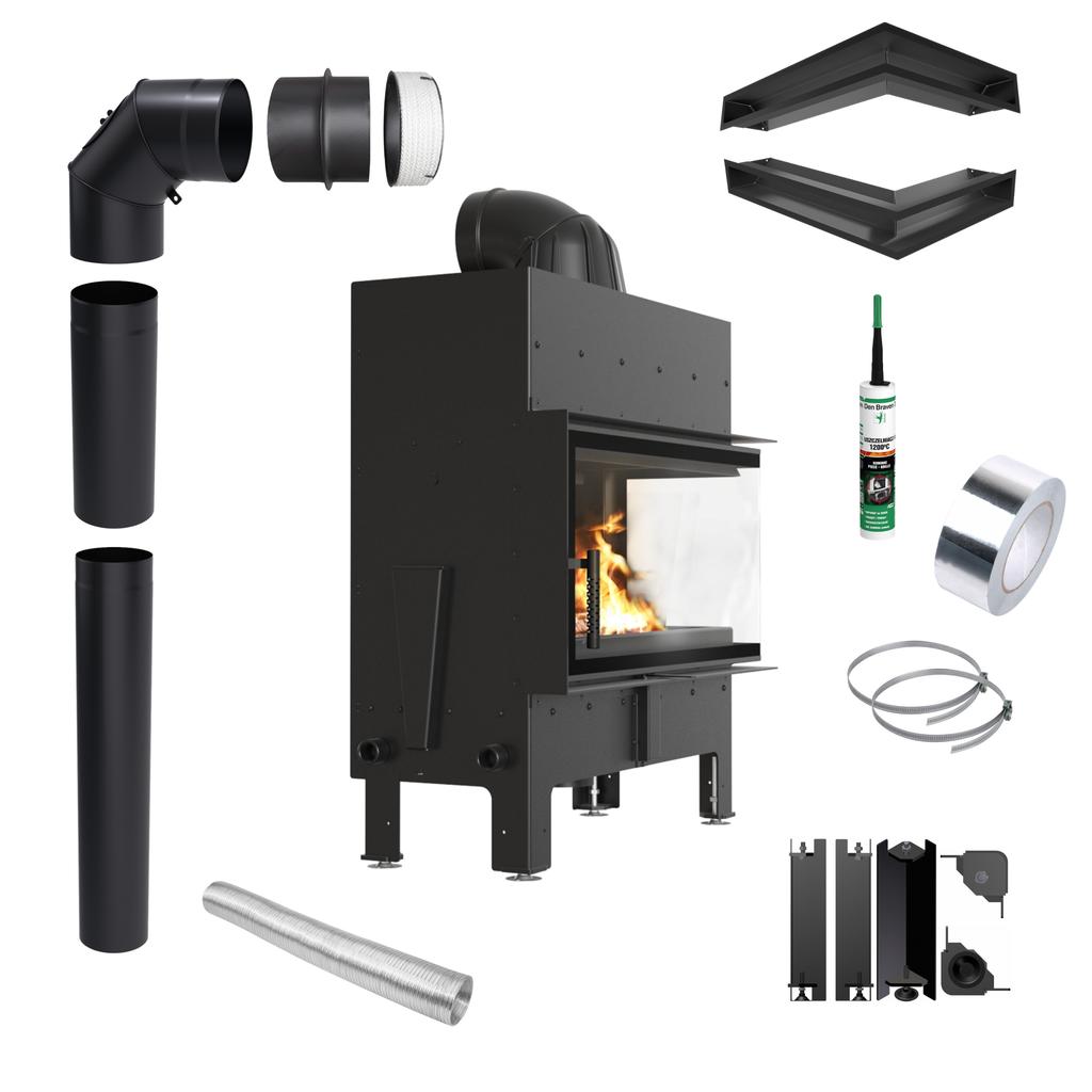 Corner air fireplace KRATKI FLOKI right 10kW Ø200 black installation kit